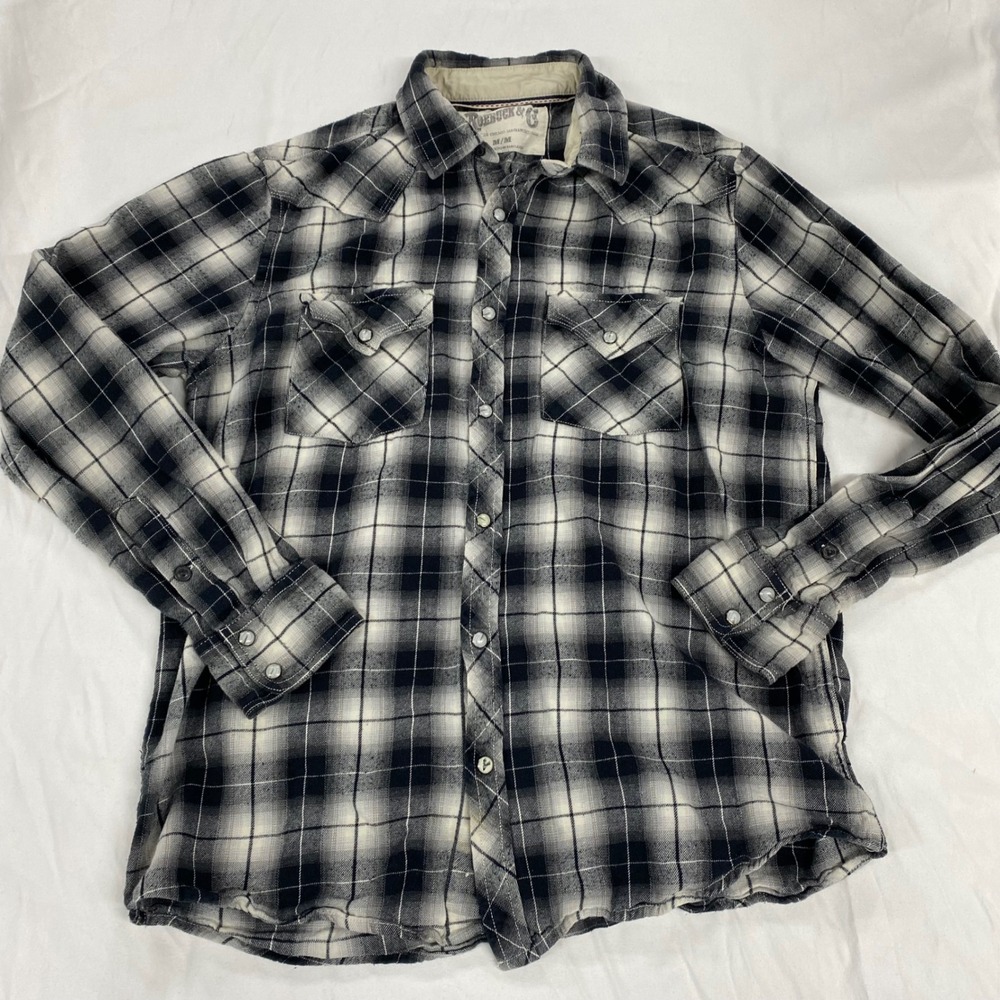 Roebuck & Co Mens Black White Plaid Cotton Flannel Western Pearl Snap Shirt M
